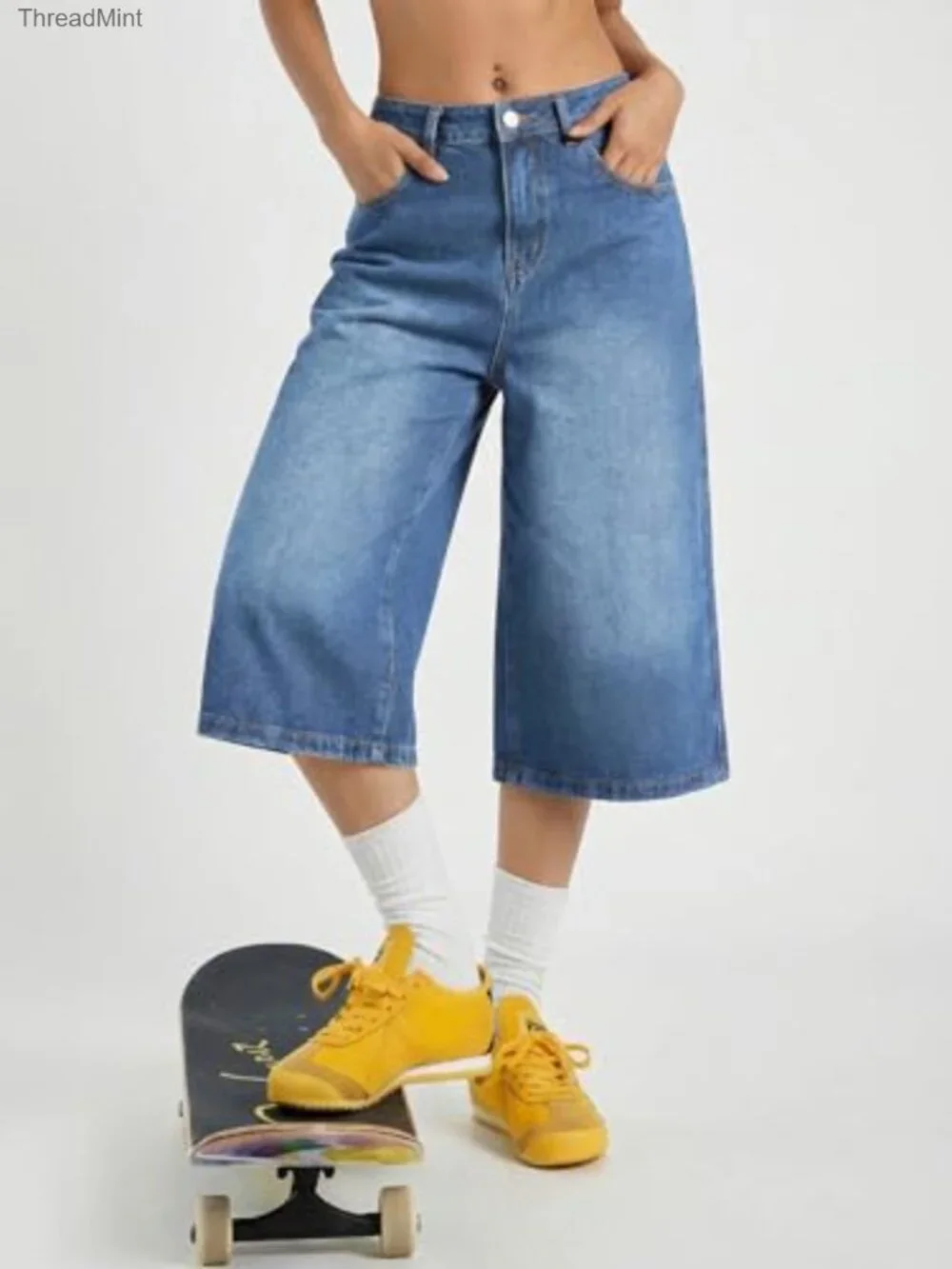 Mid Rise Bermuda Jean Shorts for Women Cotton Blend Long Denim Jorts